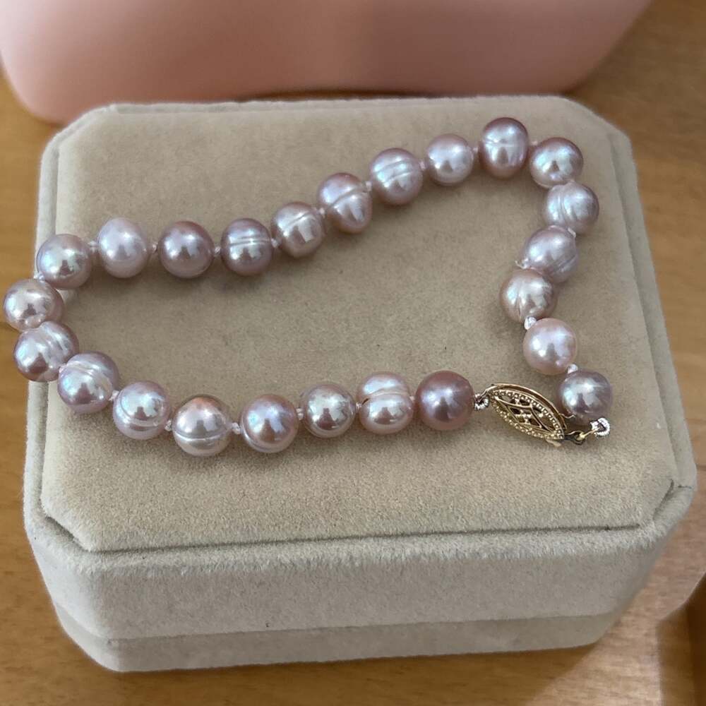 14kt Yellow Gold 7mm Freshwater Cultured Rose Pearl Bracelet Hand Knotted 7.75"